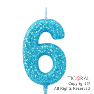 VELA NUMERAL CHICO 5.5 CM CON GIBRE CELESTE NUMERO 6 x 1